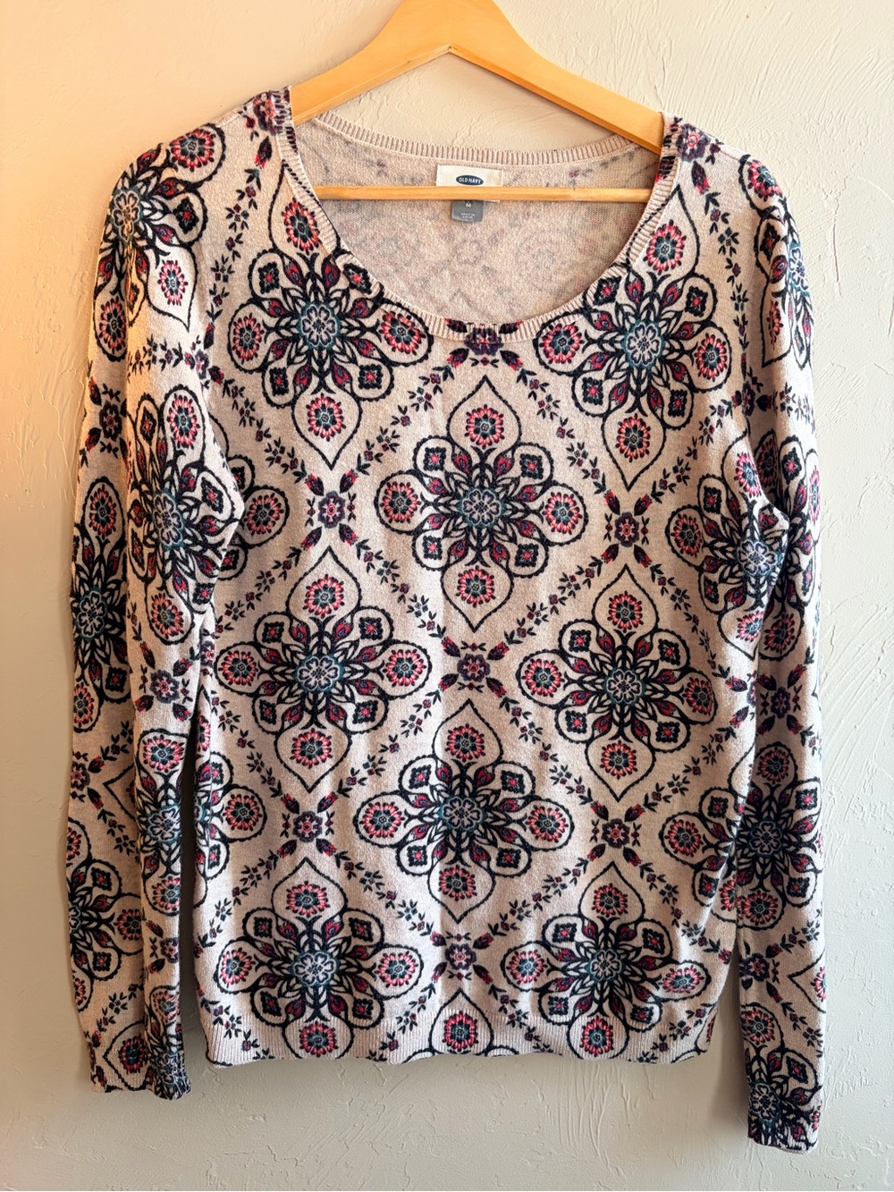 Old Navy M Cream Floral Knit Cotton Boho Cottage Pullover Sweater Scoop Neck